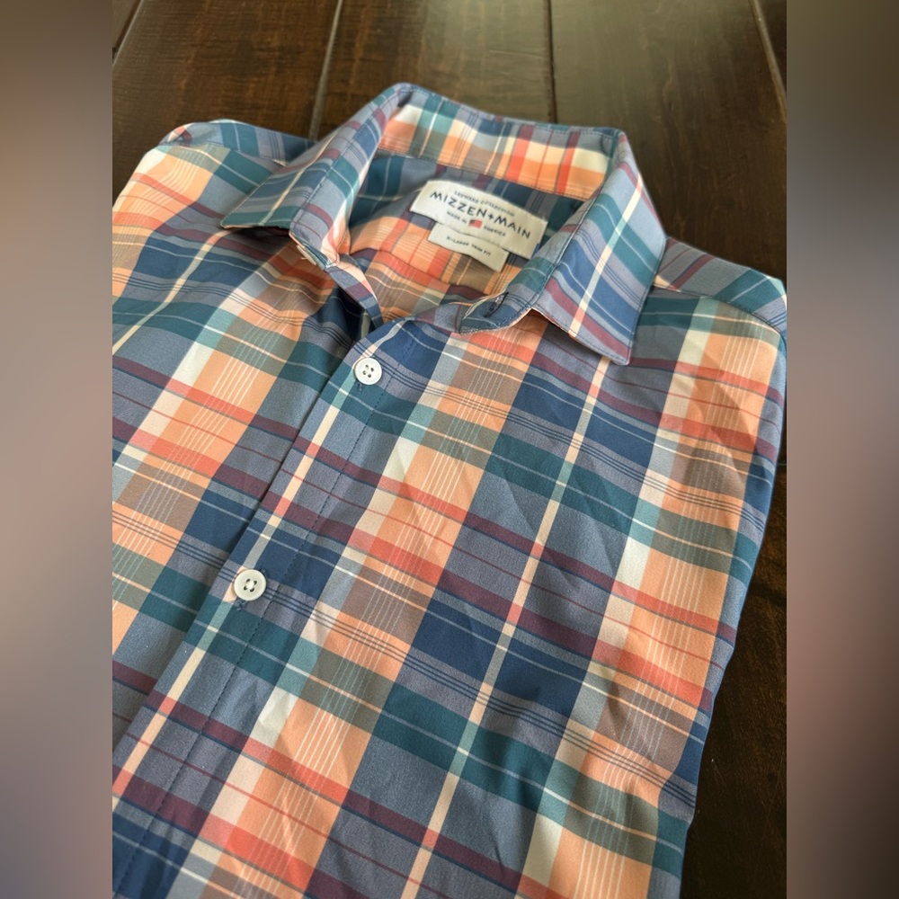 Mizzen + Main Plaid Long Orange Green Blue Sleeve Shirt Men's Size Large